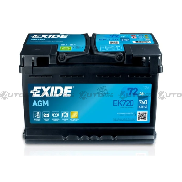 BATTERIA AUTO EXIDE EK720 AGM 72Ah 760 A 12V 278 175x190mm POLO DX 3661024037907 - 1